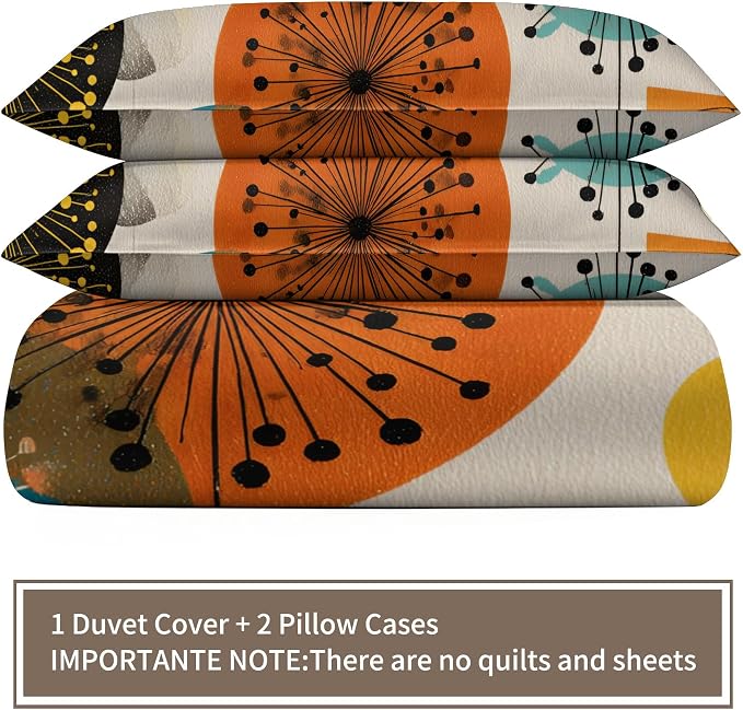 Mid Century Modern Duvet Cover California King, Retro Vintage Atomic Bedding Set 3 Piece, Abstract Art Dandelion Patterned Comforter Cover with Zipper Soft Microfiber, 2 Pillowcases