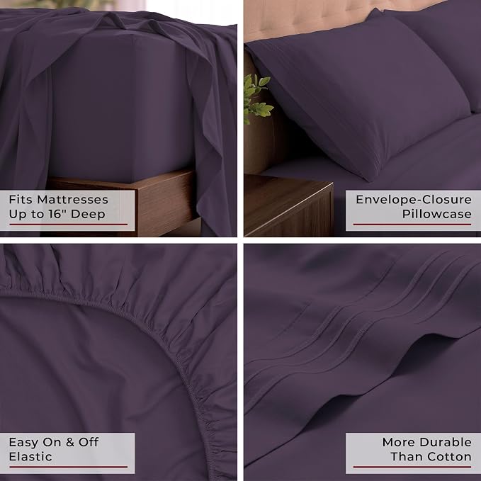 Mellanni King Sheets Set - 4 PC Iconic Collection Bedding - Hotel Luxury, Extra Soft, Cooling Bed Sheets - Wrinkle, Fade, Stain Resistant (King, Purple)