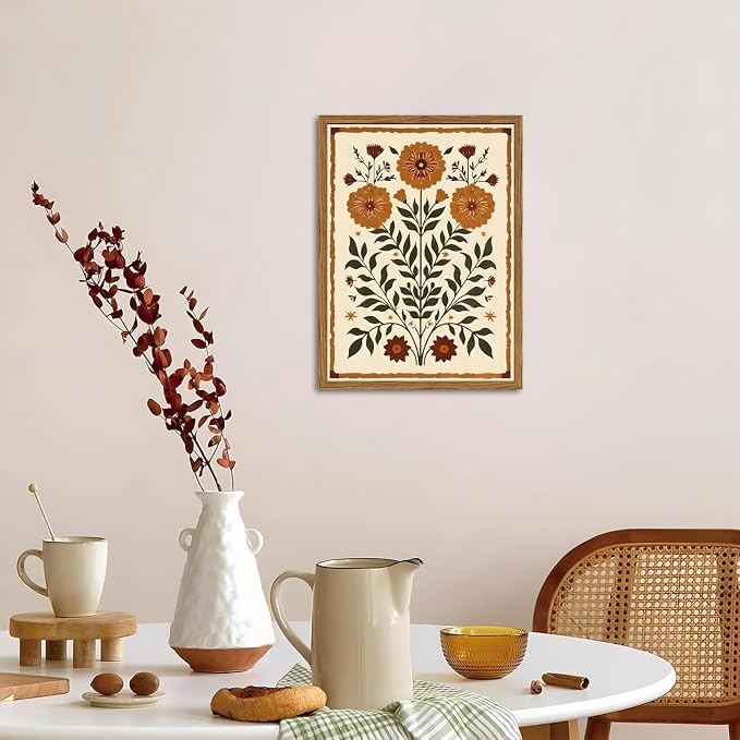 Framed Vintage Mexican Floral Wall Art, Boho Flower Pictures Wall Decor, Folk Marigolds Botanical Paintings Canvas Prints Rustic Home Decor for Living Room Bedroom 16x24 inch