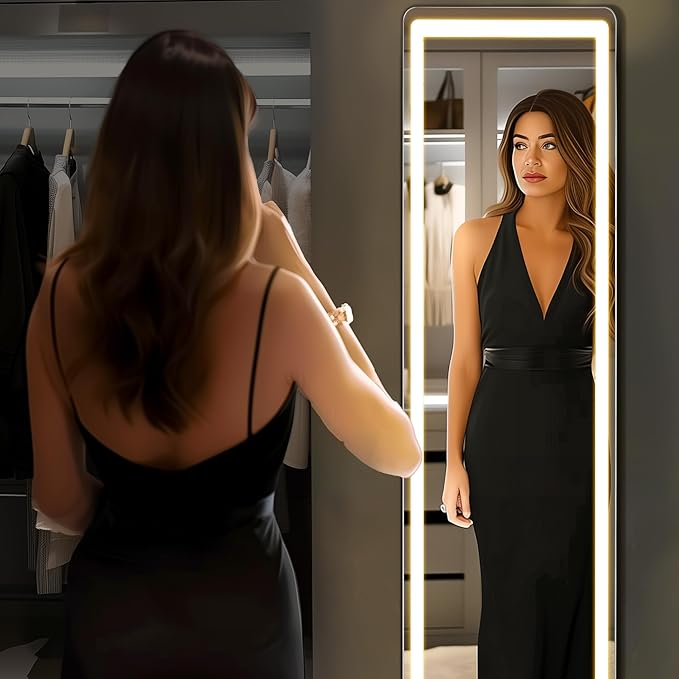 OLIXIS 16"x 60" LED Full Length Mirror with Lights, Standing Lighted Floor Full Body Mirror with 3 Color Lighting, Wall Mounted Mirrors for Bedroom, Home, Entryway with Tempered Glass