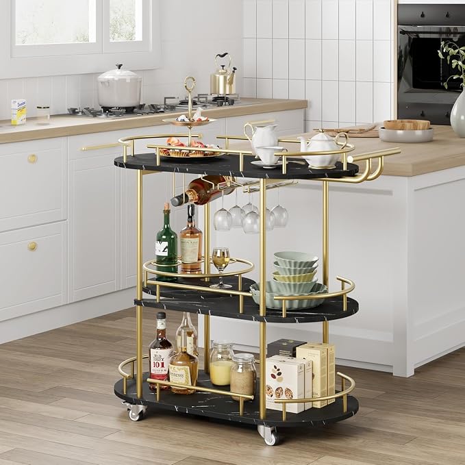Takywep Bar Cart with Wine Rack and Glass Holder, 4-Tier Modern Serving Cart on Wheels, Mobile Liquor Cabinet & Coffee Station for Home Kitchen, Dining Room, Marble Wood/Gold