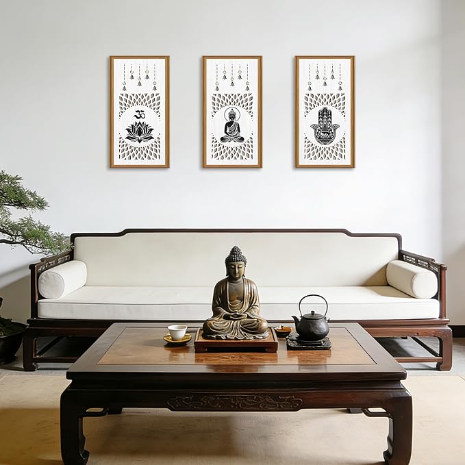 Ausril 3 Pcs Boho Lotus Wall Decor,Abstract Lotus Wood Wall Art Bohemian Yoga Hanging Decor Nature Neutral Artwork Decoration for Farmhouse Bedroom Living Room 7.9 x15.8 Inch