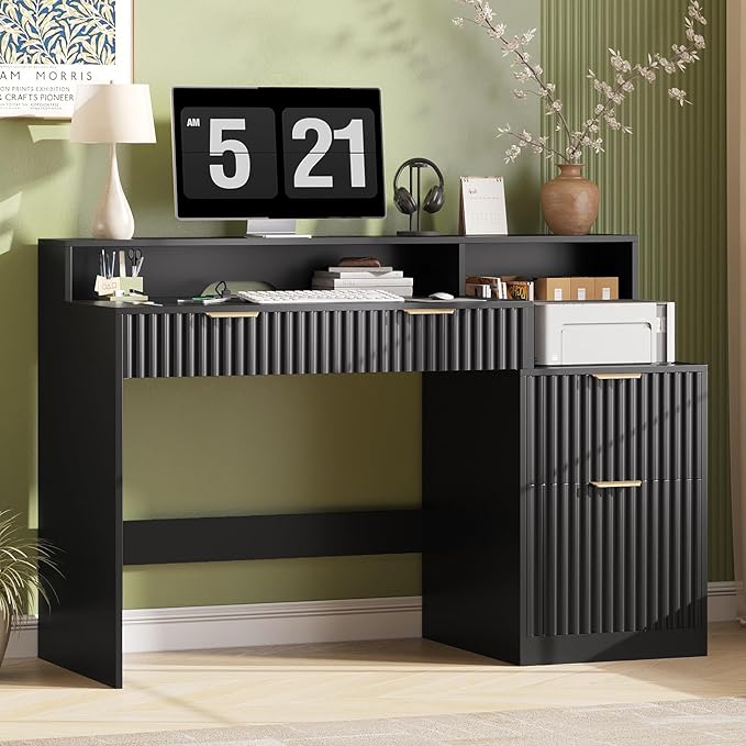 Vabches Fluted Computer Desk with Power Outlets, Home Office Desk with Drawers, Printer Stand, Wood Computer Desk with Long Monitor Stand, Black