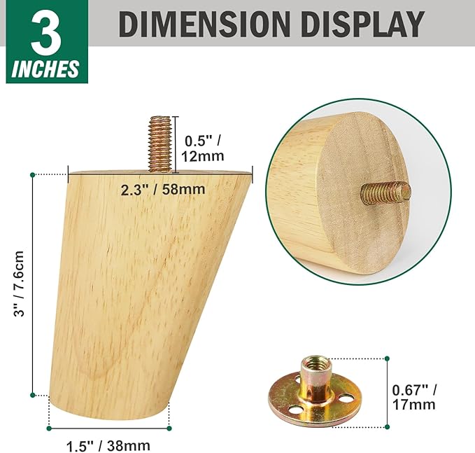 FoDau770 Rubber Wood Furniture Legs 3 Inches, Slant Tapered Wood Feet Mid Century Sofa Legs Set of 4, 5/16" UNC Furniture Feet Replacement Parts for Cabinet Couch Dresser Chair Ottoman Table