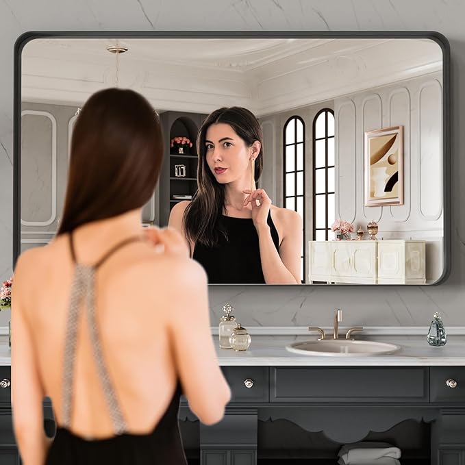 LOAAO 48X28 Inch Black Metal Framed Bathroom Mirror for Wall, Matte Black Bathroom Vanity Mirror Farmhouse, Anti-Rust, Tempered Glass, Hangs Horizontally or Vertically