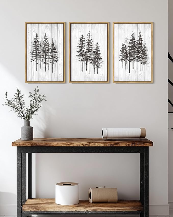 KUVIOKE Woodcut Pine Tree Framed Wall Art Nature Abstract Forest Wall Decor Rustic Minimalist Painting for Bedroom Dining Room 16x24in (Natural Framed)