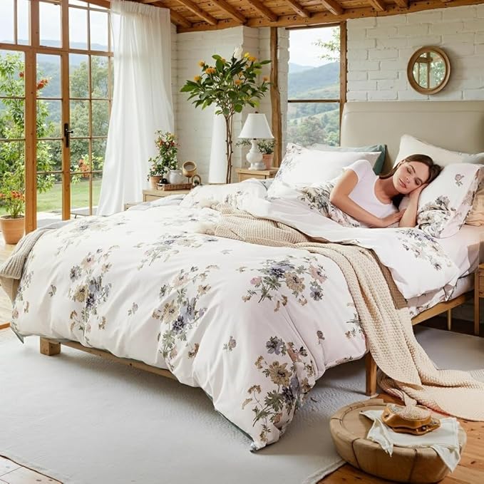 100% Cotton Duvet Cover Queen Size Vintage Floral Duvet Cover Set with Zipper Closure & Corner Ties 3 Pieces Botanical Bedding Sets Soft and Lightweight Comforter Cover for All Seasons