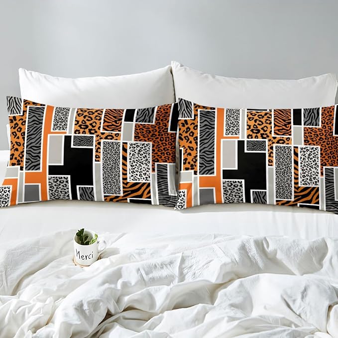 Erosebridal Leopard Print Bedding Set Full Cheetah Zebra Stripes Fur Print Duvet Cover Orange Geometric Square Patchwork Comforter Cover for Kids Teen Adults,Rustic Wild Animals Skin Texture Bed Set
