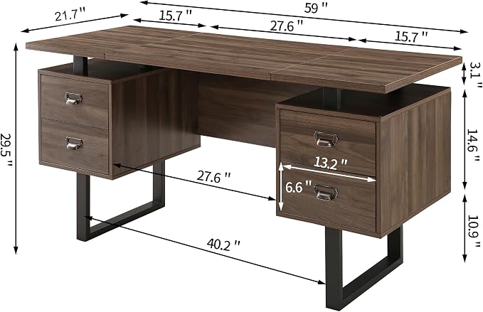 Computer Desk with Drawers, 59" L Contemporary Home Office Laptop Desk with Floating Desktop and 4 Storage Drawers Vintage Study Gaming Table with Metal Frame, Walnut-WA