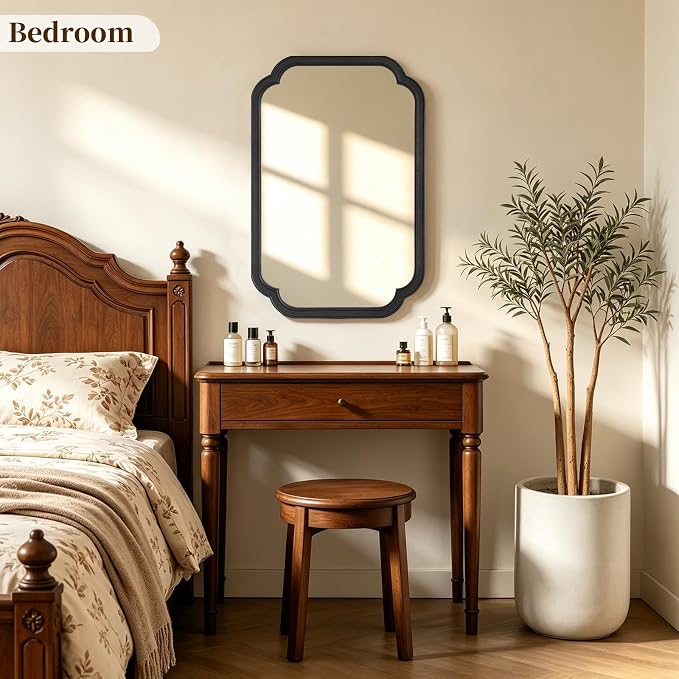 HOMECOOKIN Wood Bathroom Mirror for Wall Decor Arched Rounded Corner Rustic Wood Frame Wall Mirror Home Decorative for Vanity, Living Room, Bedroom, Entryway (20 x 30 inch, Black)