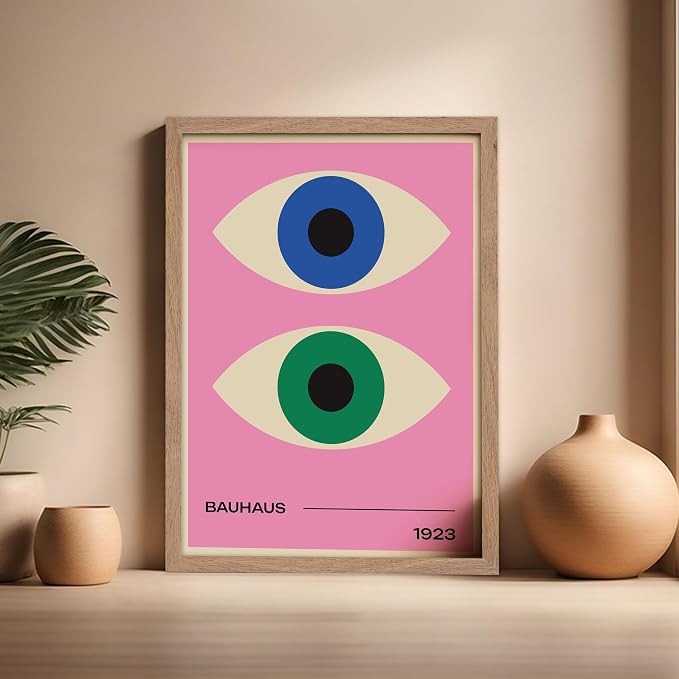 Poster Master Bauhaus Poster - Eyes Print - Abstract Circles ART - Graphic Design ART - Geometric Style - Chic Boho - Mid Century Modern - Living Room or Bedroom Decor - 16x20 Beige Framed