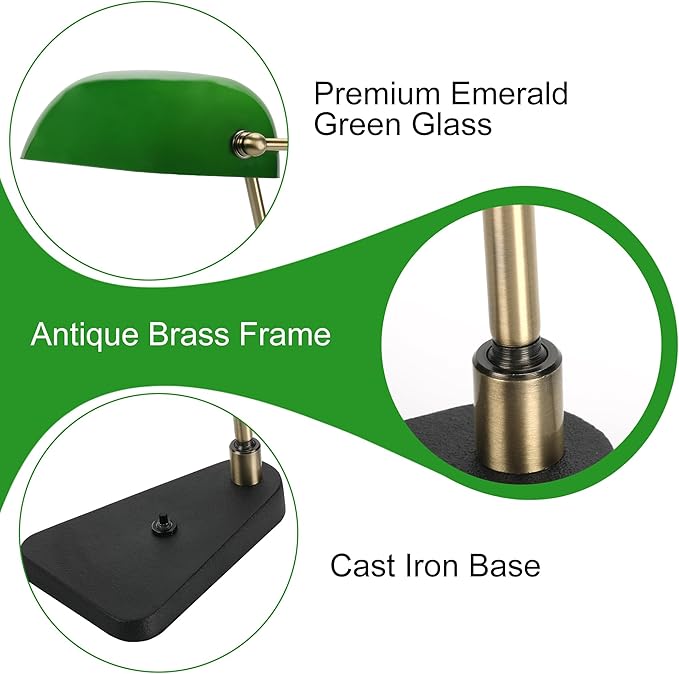 Green Bankers Desk Lamp, Antique Brass Frame & Black Base | 2.9lb Heavy Duty Cast Iron Base, 30° Swivel Head, Push Button Switch, Classic Decor for Home & Office