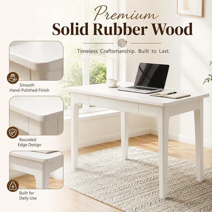 Mid Century Modern Desk with Drawers,31.5 inch Solid Wood White Writing Desk for Home Office Bedroom,Small Computer Desk for Spaces Easy Assembly
