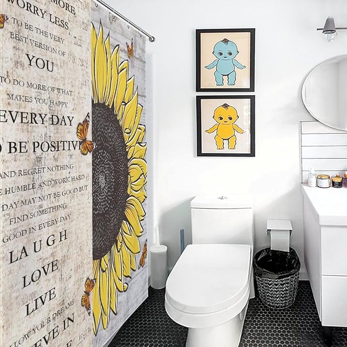 Inspirational Quotes Sunflowers Butterfly Shower Curtain,Vintage Old Newspaper Board Background Sunflower Animals Waterproof Shower Curtains for Bathroom Decor 12 Pack Hooks 66x72in（168x183cm）