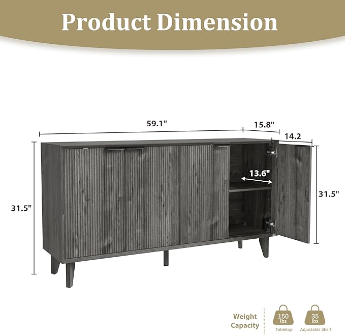 Fluted Cabinet with Storage, Buffet Storage with 4 Doors, Buffet Sideboard Accent Cabinet with Adjustable Shelves for Living Room, Kitchen, Entry, Hallway, Black&Grey