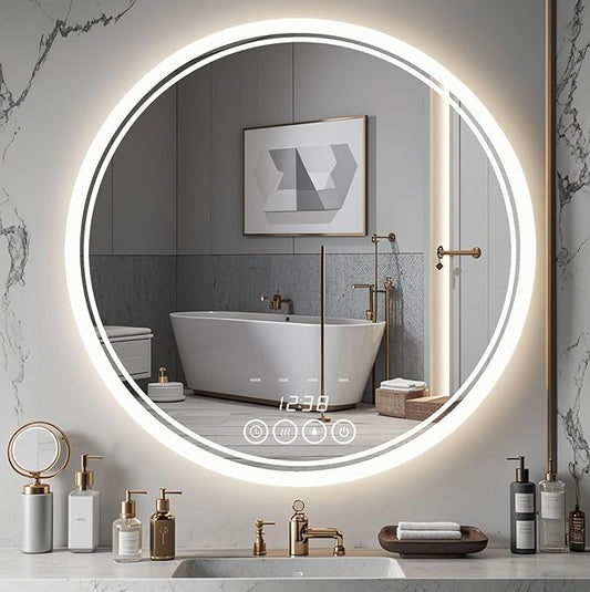 Wall-Mounted Round Bathroom Mirror with LED-Lights - 36 Inch Vanity Mirrors with Dimmable (36" x 36",Frameless)