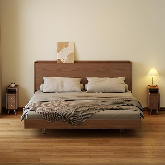 AQIMUELE Narrow Nightstand with Drawers, Wood Bedside Table, Small Walnut Nightstand Set of 2