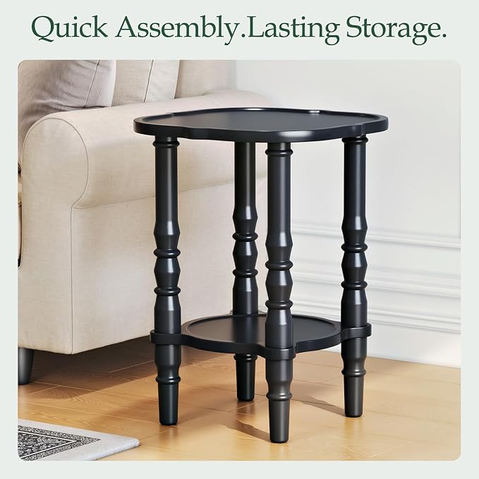 Solid Wood End Table Living Room - 21.7" H Small Narrow Square Wooden End Table for Small Spaces, Dark Real Black Solid Wood Vintage Antique Side Bedside Table Nightstand with 2-Tier Storage