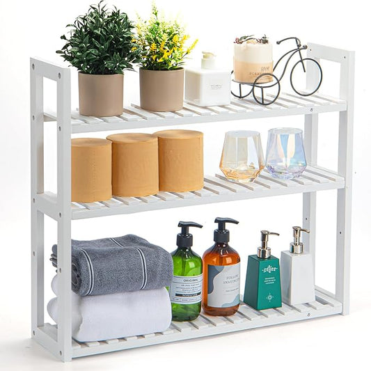 Wood Bathroom Shelf, 3-Tier Adjustable Shoes Rack&Plants Rack, Wall-Mounted or Stand for Living Room (White)