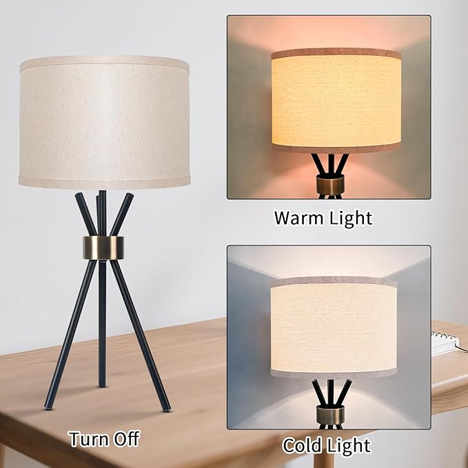 Tripod Table Lamp, Metal Body with Linen Drum Shade, Tall Table Lamp for Bedroom with E26 Socket, Ideal for Living Room, Nightstand, Home Office, Dorm (Bulb Not Included)