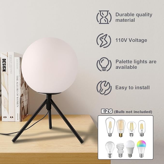 Modern Black Globe Table Lamp, Mid Century Small Bedside Lamp, Opal Glass Ball Lamp with Metal Tripod Base, Cute Nightstand Lamp Minimalist Desk Lamp for Bedrooom Living Room Office Study