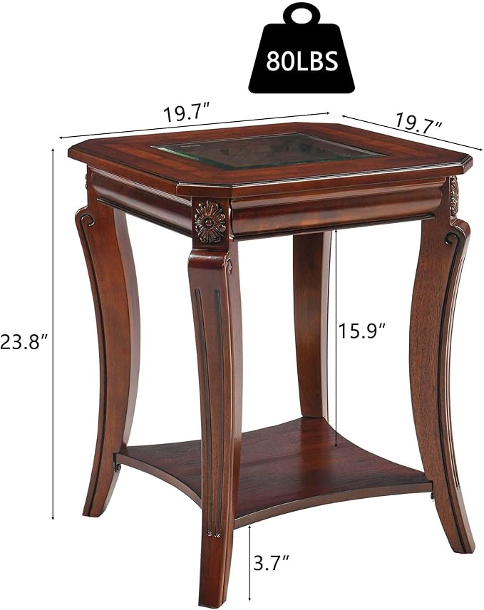 2-Set Solid Wood Side Table with Storage Shelf, 2-Tier Square End Tables Living Room, Traditional Style End Table, Vintage Beside Table with Curved Legs and Glass Tabletop, Cherry Walnut Accent Table