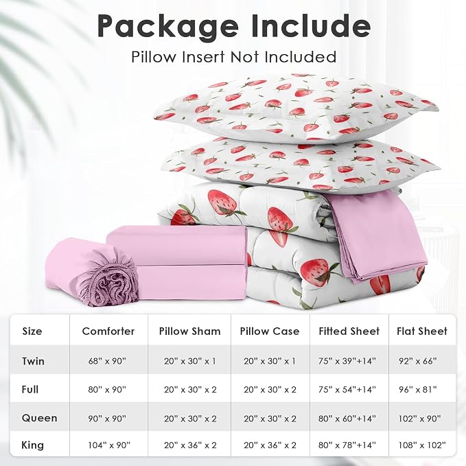 7Pcs Comforter Set King Size, Cute Red Strawberry Fruit, Bedding Decor Pink Strawberries Party Girly Bedroom Bed Set with Flat Sheet Fitted Sheet Pillowcases Shams for Kids and Adults