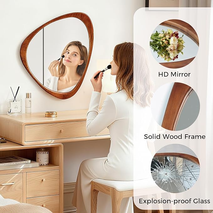 Asymmetrical Mirror, 24"x19" Unique Irregular Wall Mirror, Wood Mid Century Modern Mirror Decor for Bathroom Bedroom Living Room Entryway Hallway (Natural Wood)