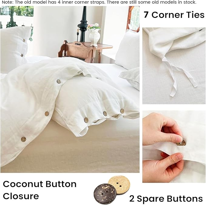 Simple&Opulence 100% Linen Duvet Cover Set 3pcs with Coconut Button Closure Natural French Washed Flax Solid Color Soft Breathable Farmhouse Bedding - White, Full Size