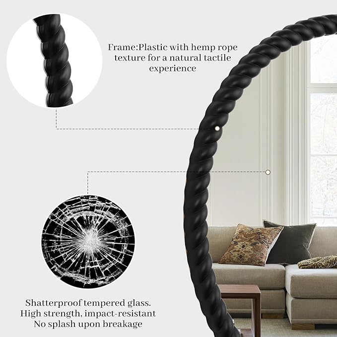 WallBeyond 30" Round Mirror with Rope-Design Frame, Large Circle Wall Mirror for Bathroom, Bedroom, Entryway & Living Room, Black