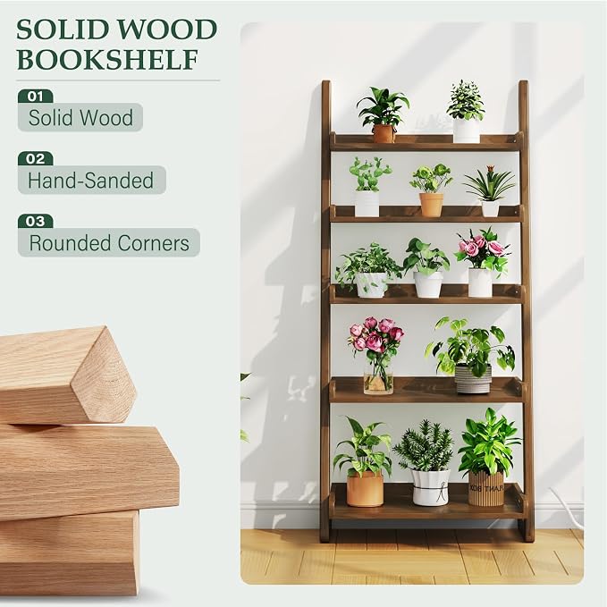 Wooden Walnut Ladder Shelf - 5-Tier Solid Wood Leaning Ladder Bookshelf Shelves Bookcase for Saving Space, 55" H Book Shelf for Living Room & Bedroom & Home Office