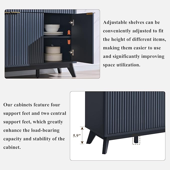 T4TREAM Large Buffet Sideboard Cabinet with Storages, 60" Fluted Modern Buffet Table Coffee Bar Wine Bar Storage Cabinet with 3 Drawers & 4 Doors for Dining Room, Living Room, Hallway(Dark Grey)