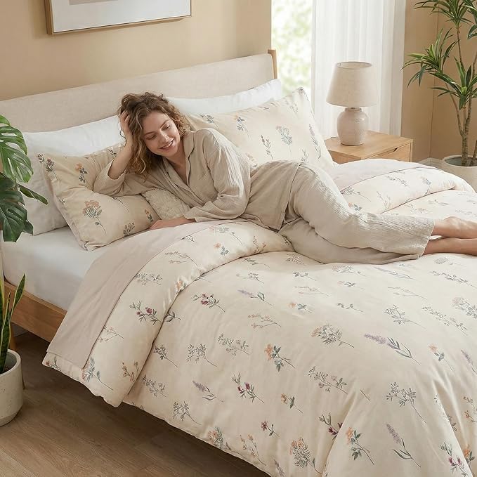 Cream Duvet Cover Set Full Size 100% Washed Cotton Linen Like Textured Comforter Cover 3 Pcs Luxury Soft and Breathable Floral Duvet Cover with Zipper Closure