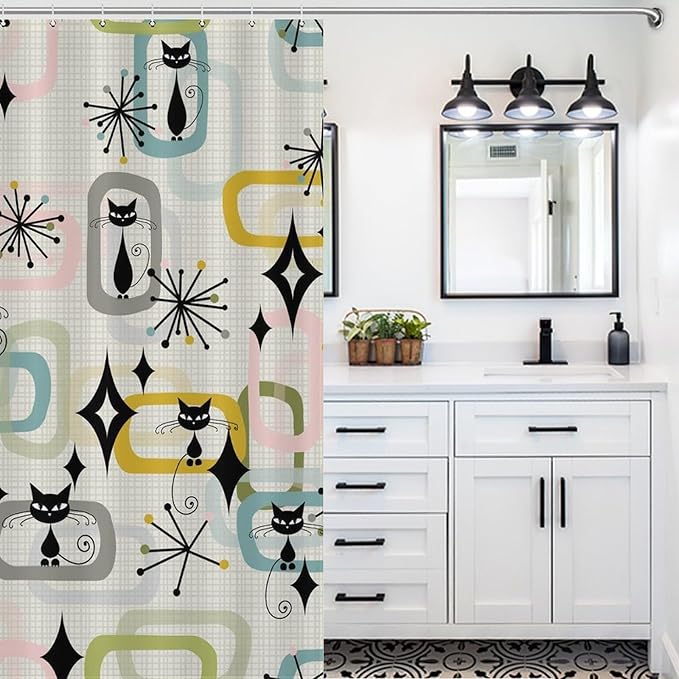 Mid Century Shower Curtain Retro 60s Geometric Aesthetic Black Cat Pattern Duty Fabric Shower Curtains Set Bathroom Polyester Waterproof with 12 Hooks, 66x72Inch（168x183cm）