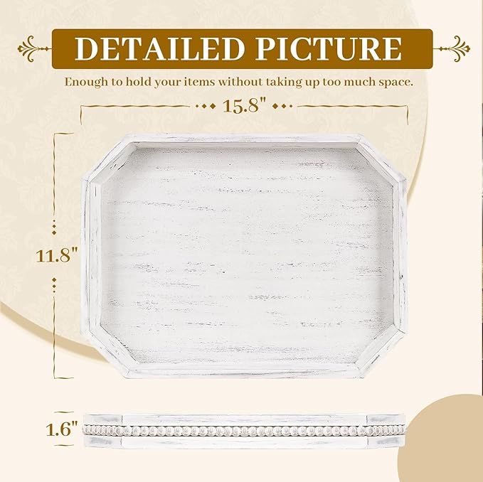 MAONAME Wood Serving Tray, Farmhouse Wooden Tray for Coffee Table, Octagonal Beaded Trays, Vintage White Decorative Trays for Living Room, Kitchen, 15.7" X 10.2" X 1.6"