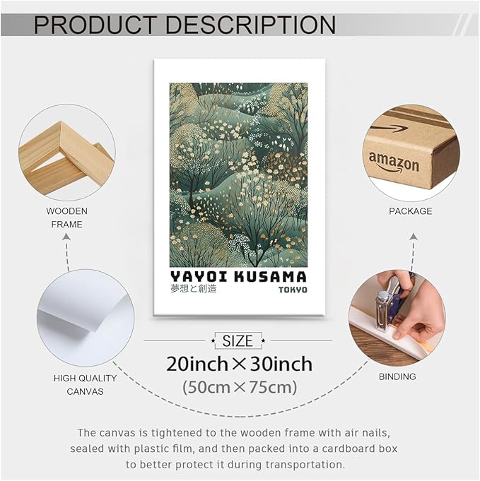 Yayoi Kusama Inspired Poster Japanese Botanical Wall Art Abstract Yayoi Kusama Print Modern Ukiyo-e Japanese Gallery Wall Decor 20x30in Framed for Home Bedroom Decorations