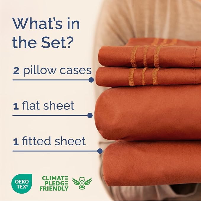 Queen Size 4 Piece Sheet Set - Comfy Breathable & Cooling Sheets - Hotel Luxury Bed Sheets for Women & Men - Deep Pockets, Easy-Fit, Soft and Wrinkle Free Sheets - Terracotta Oeko-Tex Bed Sheet Set
