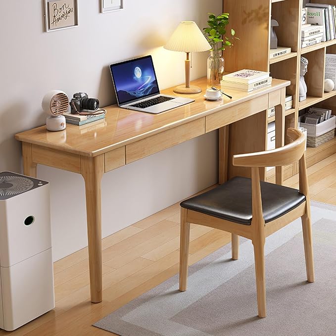 Mid Century Modern Desk with Storage Drawers, Home Office Computer Desk Solid Wood Writing Desk Study Table Workstation(39 Inch, Natural)