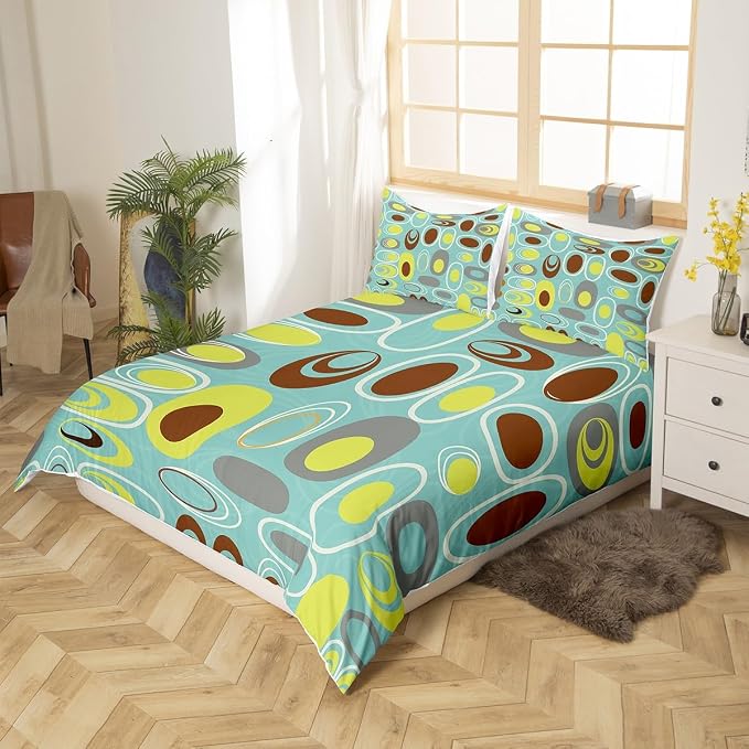 Erosebridal Teal Minimalist Bed Set Geometric Circles Duvet Cover, Abstract Spiral Swirl Bedding Set King Geometric Stripes Comforter Cover, Modern Aesthetic Bed Cover Room Decor (Zipper Closure)