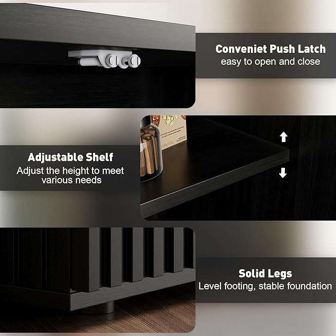 Rophefx Fluted Sideboard Cabinet, 63" Buffet Cabinet with Storage, Credenza Storage Cabinets with Adjustable Shelf, Wood Entryway Cabinets with Pop-up Doors for Living Room, Entryway, Hallway, Black