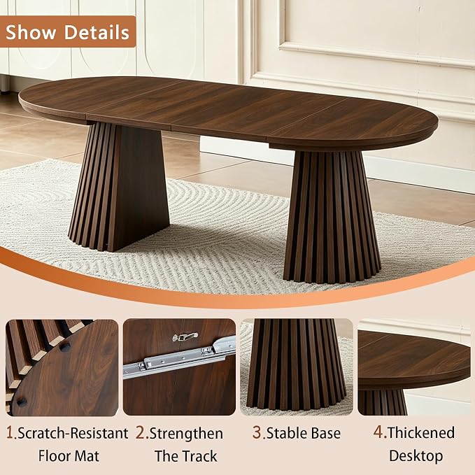 SSLine Extendable Coffee Table, 31.5"-55.1" Round to Oval Walnut Wooden Coffee Table with Fluted Base, 3 Adjustable Lengths, Space Saving Center Tables for Living Room Small Space
