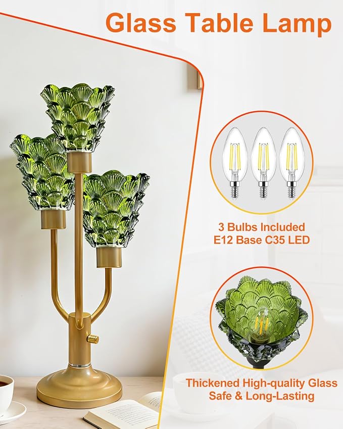 Lightdot Mid Century Modern Table Lamp for Bedroom Dimmable Nightstand Lamp Gold Vintage Desk Lamp Green Glass 3 Bulbs Included Warmwhite Ambient Bedside Lamp for Living Room Home Office Decor Gift