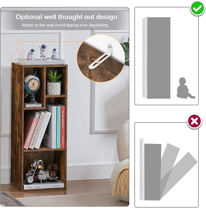VECELO 3-Tier 4-Cube Bookshelf with Height Difference Shelves, 66 LBS Per Shelf Heavy Duty Bookcase, Modern Floor Standing Storage Unit for Living Room Bedroom, Rustic Brown