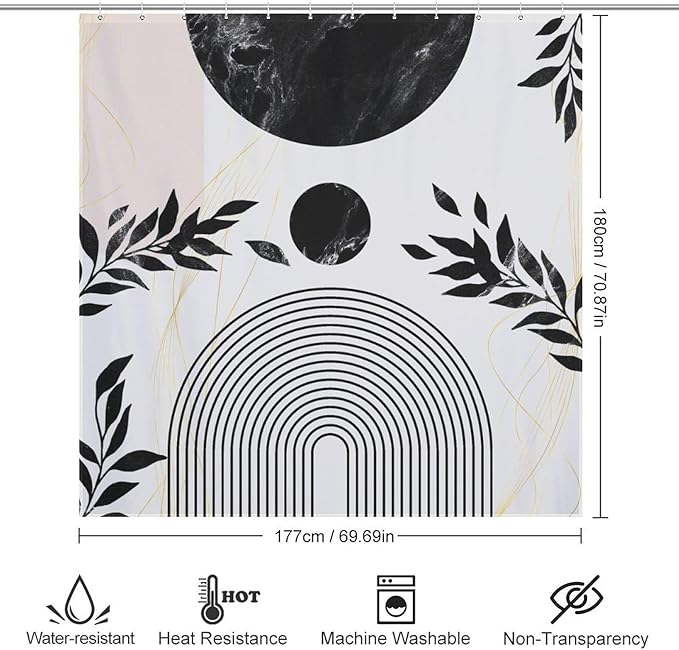 Boho Mid Century Leaf Shower Curtain,Arch Sun Design,Minimalistic Leaves Pattern Luxurious Washable Waterproof Fabric for Bathroom Decor Bathtub with 12 Hooks 72x72in (183x183cm)