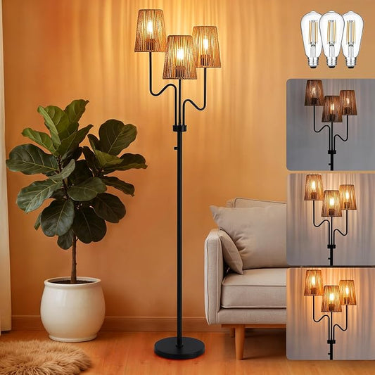 9MMML Farmhouse Boho Dimmable Floor Lamp with Rattan Shade, 68'' Tall Floor Standing Lamp, 3-Light Floor Lamp for Living Room, Bedroom, Office, Corner, 3 x E26 LED Bulb Included