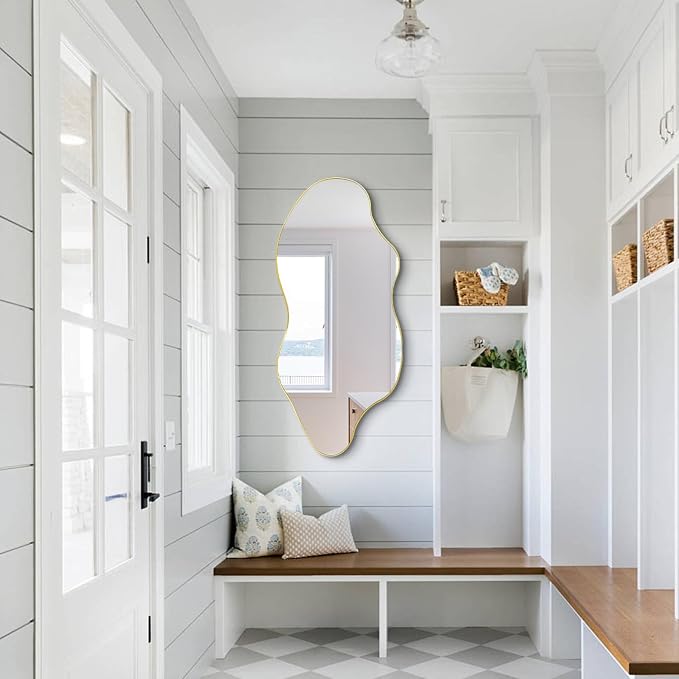 Irregular Frameless Wall Mirror, 47.2"x21.6" Gold Asymmetrical Mirror, Modern Organic Aesthetic Mirror for Living Room Bathroom Bedroom Hallway Entryway, Hangs Vertically or Horizontally