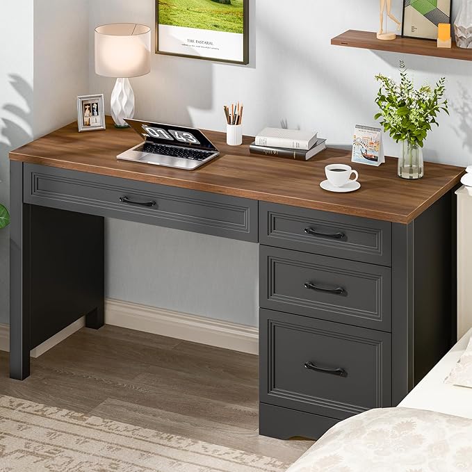 Vabches Farmhouse Executive Desk with Storage and Ample File Drawer, Rustic Large Home Writing Desk for Bedroom, Dark Brown