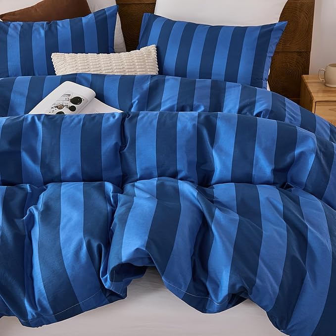 Merryword Blue Striped Duvet Cover Set Queen Size, 100% Natural Cotton Linen Like Duvet Cover Set with Zipper Closure & 8 Corner Ties, Dark Blue Soft Reversible Bedding for All Seasons
