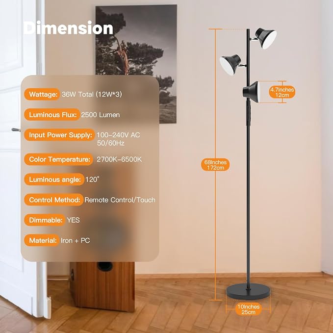 SIBRILLE LED Floor Lamp, 36W Modern Floor Lamp with Remote & Touch Control, 4 Color Temperatures, Standing Lamp with 3 Rotatable Lights, Floor Lamps for Living Room, Bedroom, Office