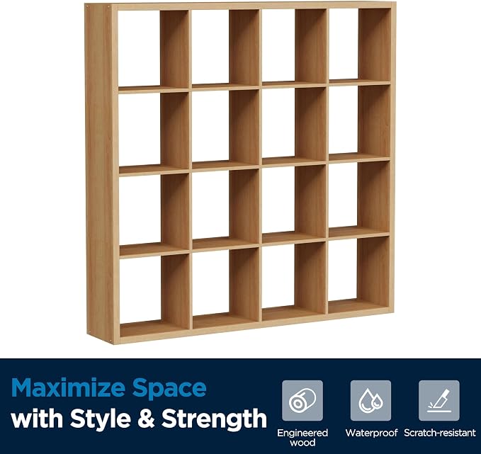 16-Cube Storage Organizer Bookcase, Thick Frame Wood Grain Storage Shelf, Rectangular Cube Open Back Display Unit, 48.8x9.4x48.8 Inches for Living Room, Bedroom, Home Office, Natural Wood